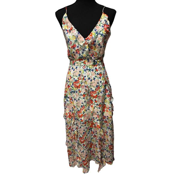 Saloni NWT Ayla Floral Silk Midi Dress Sz 0 Day Rosette Sleeveless Ruffled Party - Picture 1 of 7